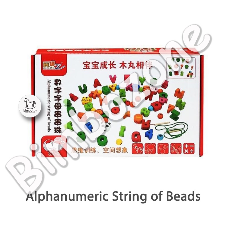 Bimbozone - Mainan Kayu Mainan Edukasi Mainan Anak Menjahit Meronce Lacing Beads 70 pcs set - ALPHANUMERIC STRING OF BEADS