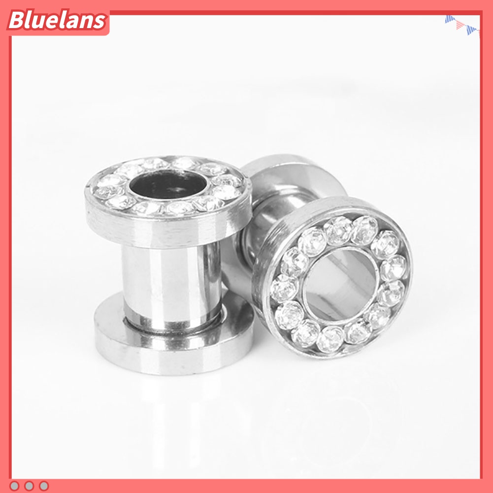 Bluelans 1 Pasang Ear Plug Tunnels Bahan Stainless Steel Aksen Berlian Imitasi