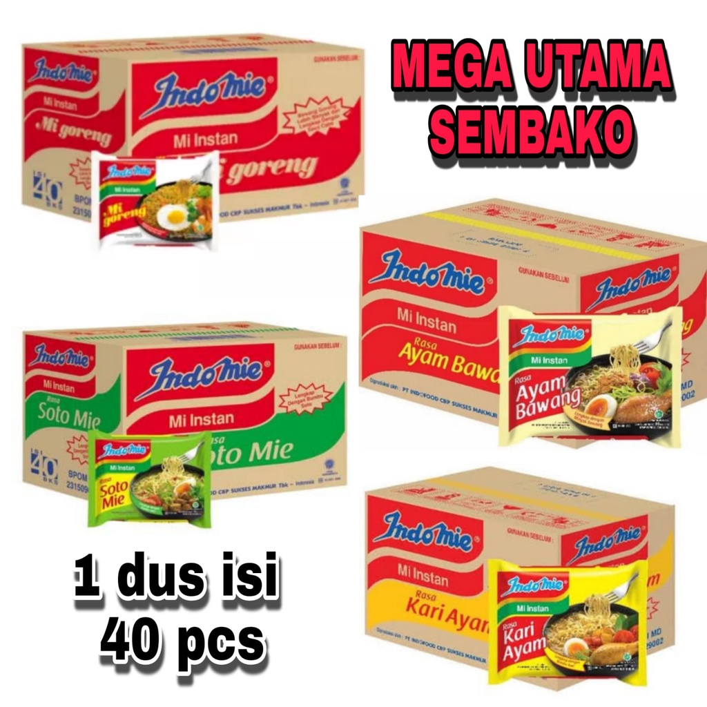 

indomie mie instan goreng, ayam bawang , soto dan kari ayam per dus isi 40 pcs