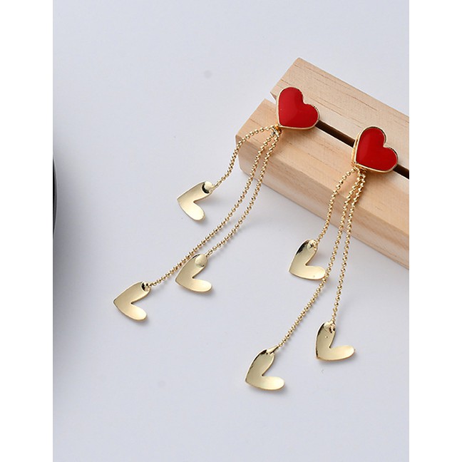 LRC Anting Tusuk Fashion Golden Dripping Love Heart Tassel Chain Earrings D73212
