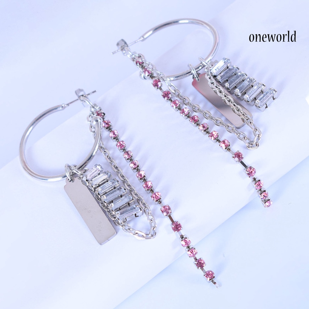 OW@ 1 Pair C-shaped Chain Tassel Drop Earrings Women Pink Rhinestone Clip Earrings Jewelry Accessory