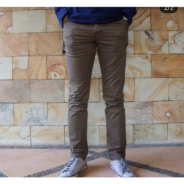 Lesta Langgeng Celana Formal Pria Model Slimfit Bahan Kain Drill Warna Coklat Panjang