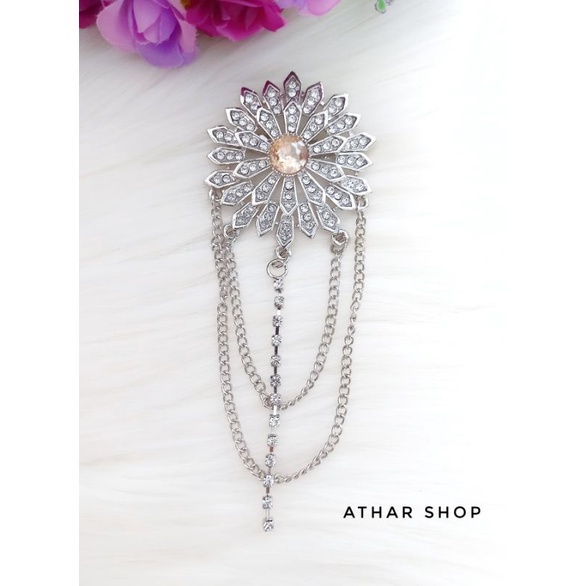 bros bunga rantai juntai bross kebaya/bros jas/brooch hijab import premium/ bros jilbab murah-Silver krem