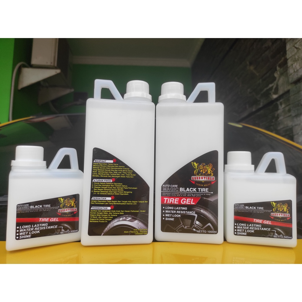 BAYAR DITEMPAT | COD | Semir Ban ESSENTIALS 500 mL | 1 Liter | Promo | Polish | Tire Gel Kualitas Terbaik | Premium | Terbaru | Auto Black | Shine | Kinclong | Wet Look | Hitam| Murah | Original | Terlaris | Mobil | Motor | MAGIC BLACK TIRE | Tahan Lama