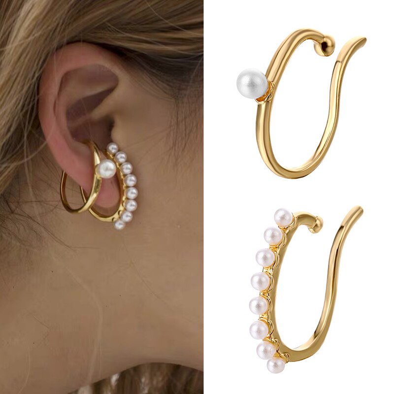 Pearl chain Ear clip Non-hole Earrings Bohemian Crystal Stud Earrings For Woman Lightning Stars moon Fashion Jewelry