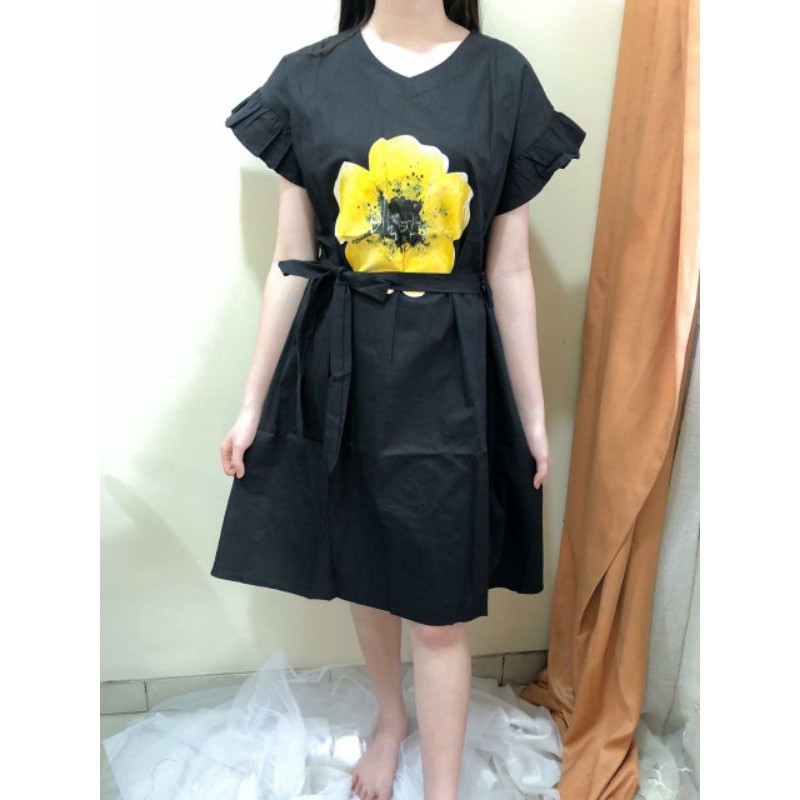 Dress casual A Line dress sablon depan tali pinggang bisa dilepas Ken-117