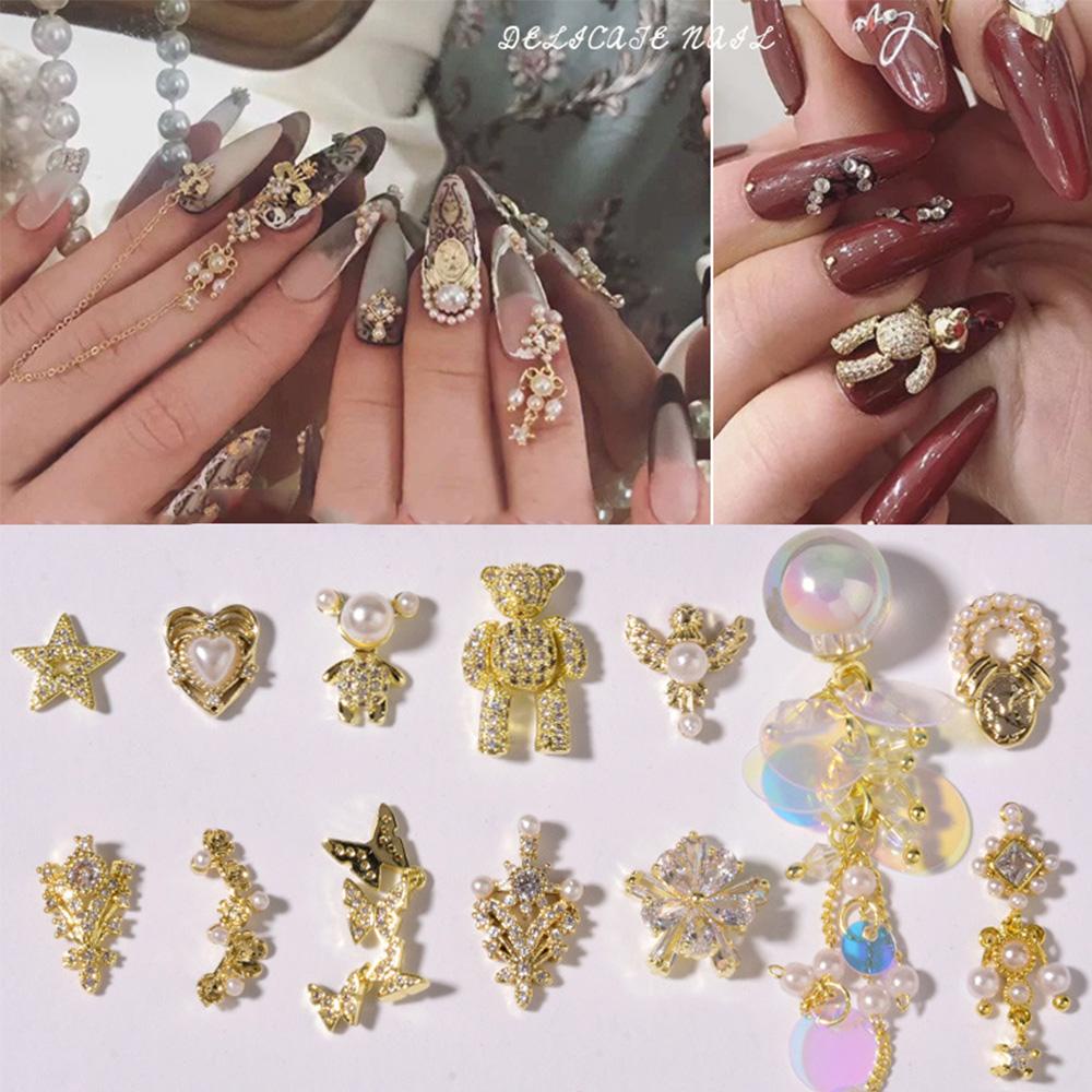 AUGUSTINA Agustin 3D Kuku Zirkon DIY Beruang Nail Art Dekorasi Kristal Manikur Alat Rantai Liontin Logam