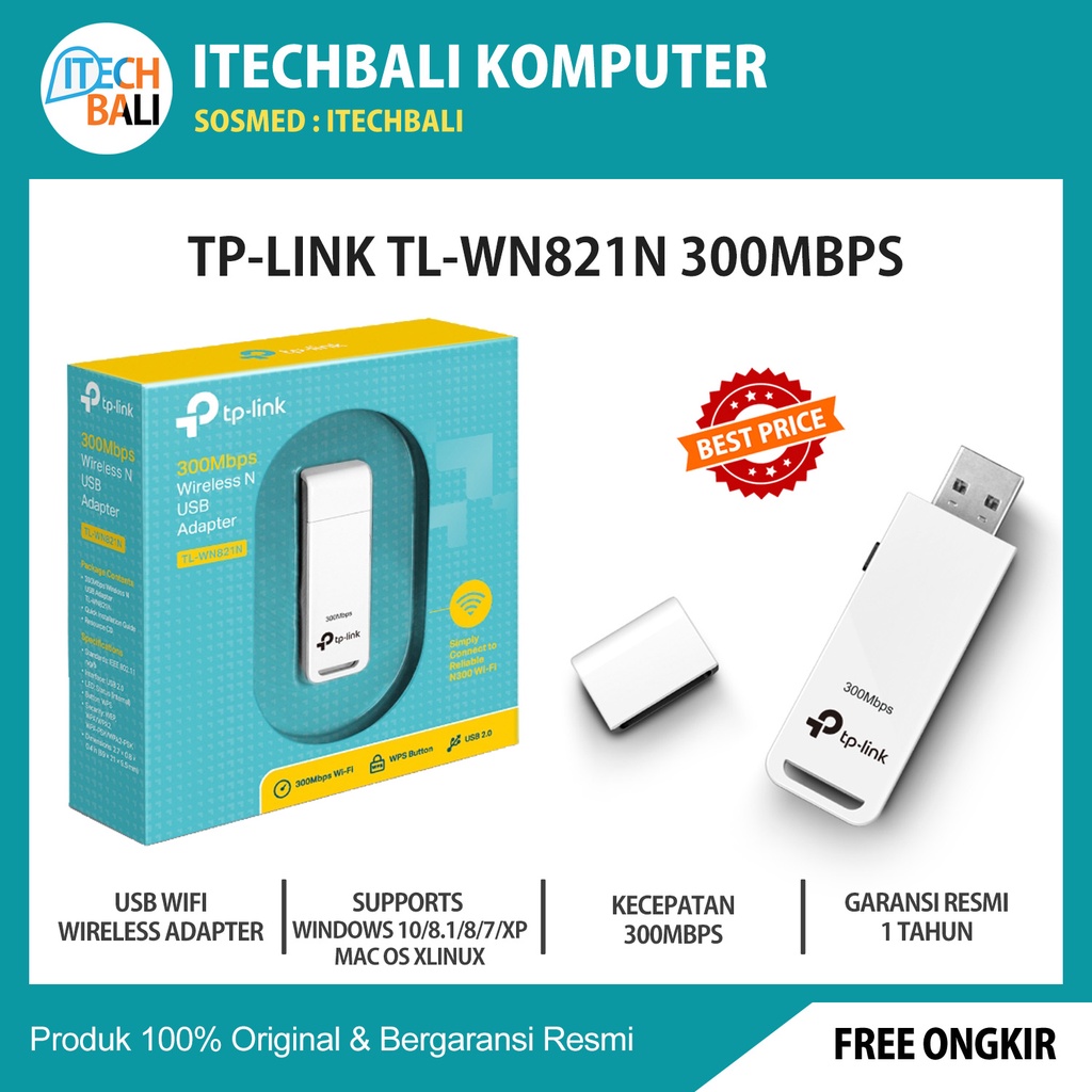 Usb Wifi Adapter TP-LINK TL-WN821N Wireless 300Mbps Original | ITECHBALI