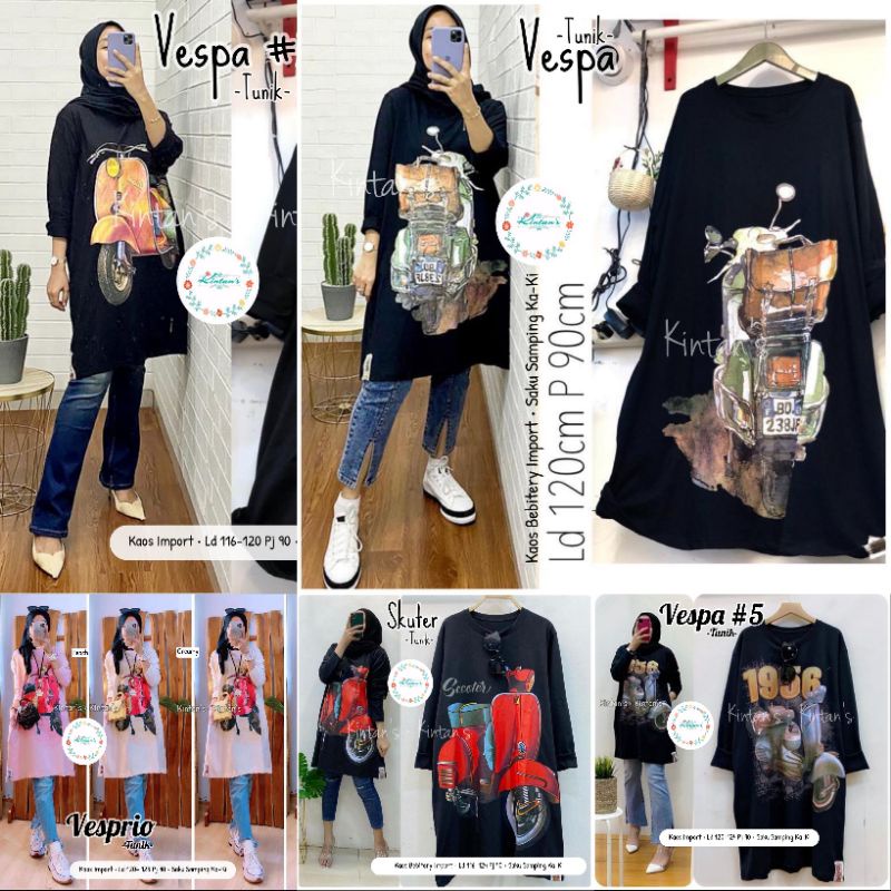 Kintans Baju Wanita Kaos Lengan Panjang Jumbo Tunik Jumbo Import Tunik Motif Vespa