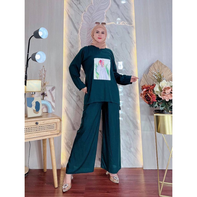 (Bisa COD) Setelan Rayon Emblem Blouse Tunik Viral / One Set Viral Emblem Terbaru Bahan Rayon Premium