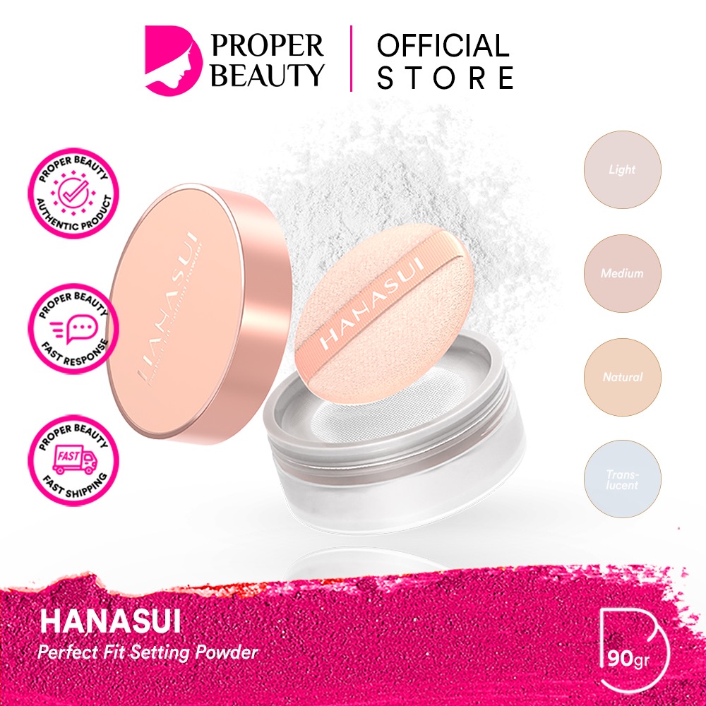 HANASUI Perfect Fit Setting Powder Indonesia / Make Up Light Medium Natural Translucent / Loose Bedak Tabur Wajah / Cleansing Spray Foundation BB Cream Compact Serum Cushion Blush On Mascara Eyebrow Eyeliner Lipstick Lip Cream Tint Cosmetic Paket Face Set