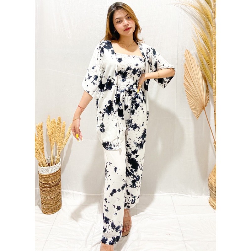 PUSAT FASHION WANITA TERLARIS SETELAN CARDIGAN KEMBEN TIE DIE BALI | VIRAL | KEKINIAN-Putih