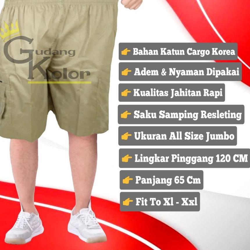 ♣ Celana Cargo Pendek Pria Jumbo Santai Cowok Dewasa Bahan Katun Twill Kargo 7 8 Polos Pinggang Kolo