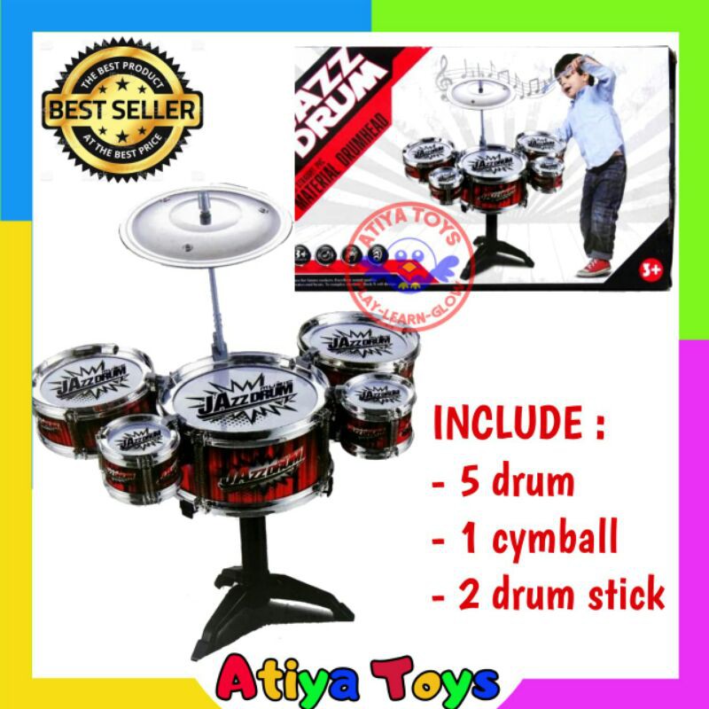 Mainan Drum Jazz Anak Set 5 Drum Cymbal 2 Stik Plastik Edukasi Musik Perkusi Kado Ulang Tahun