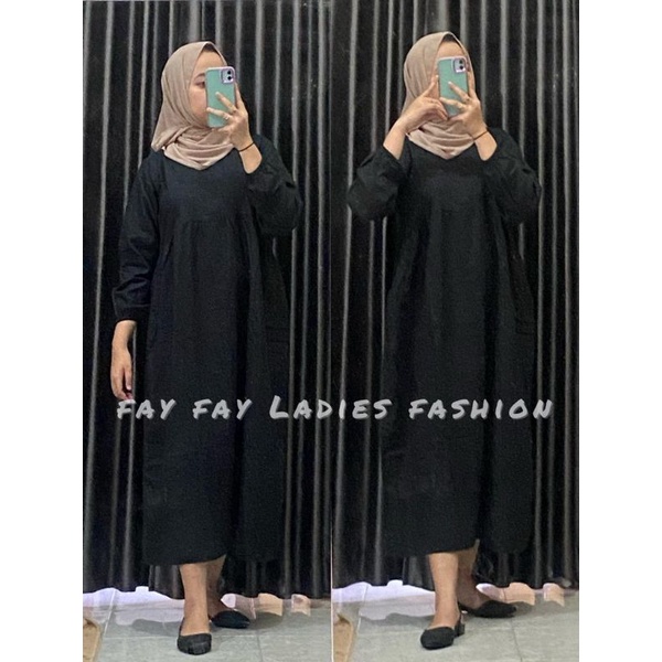 Seika Curve Midi Dress Katun Linen Rami Polos Busui Friendly Resleting Depan