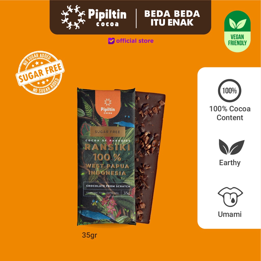 

Pipiltin Cocoa Dark Coklat - Chocolate Bar Ransiki 100% with Cacao Nibs - 35gr