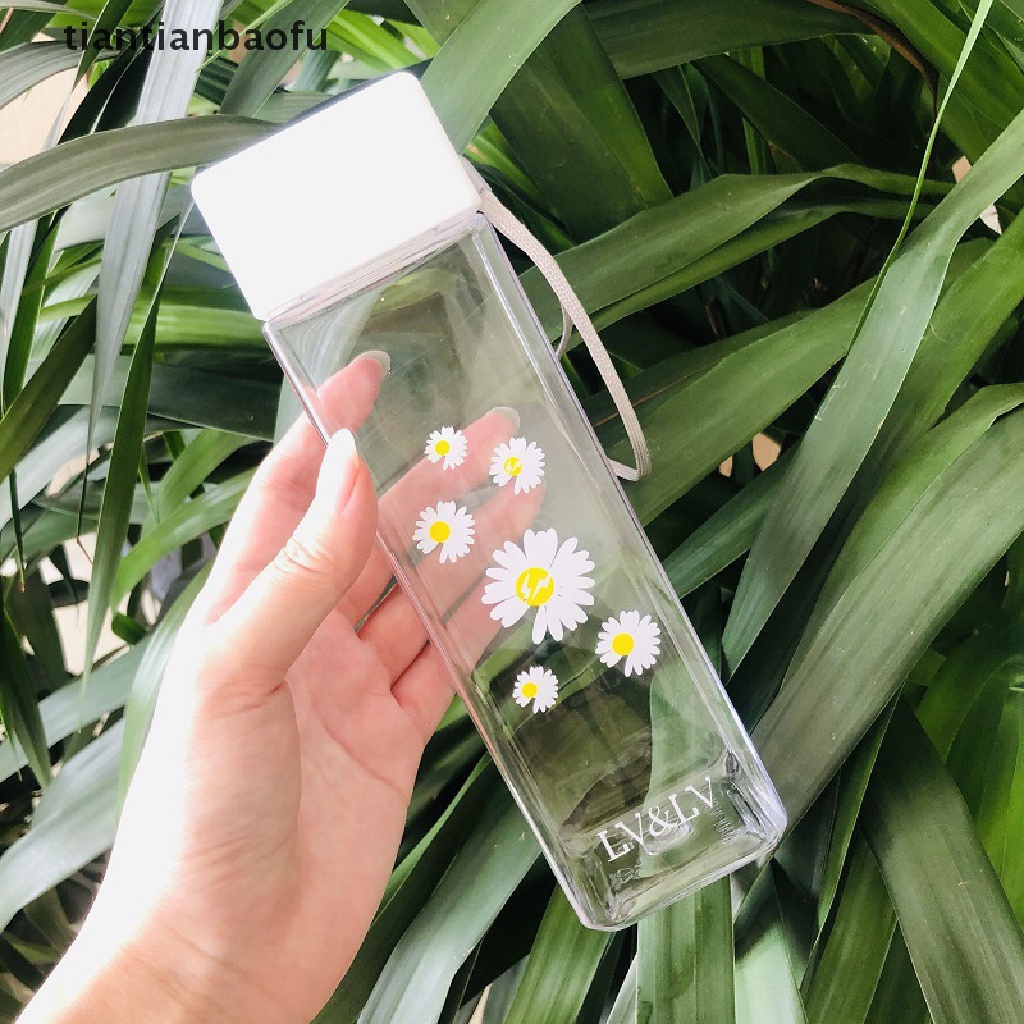 Botol Air Bahan Plastik Transparan Motif Bunga Aster 500ML Dengan Tali Portabel