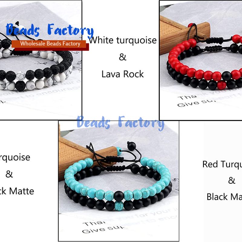 Gelang Batu Couple Natural Tiger eye Charm Onyx Lava Stone 8mm Tali Serut Sambala Untuk Kado Pasangan