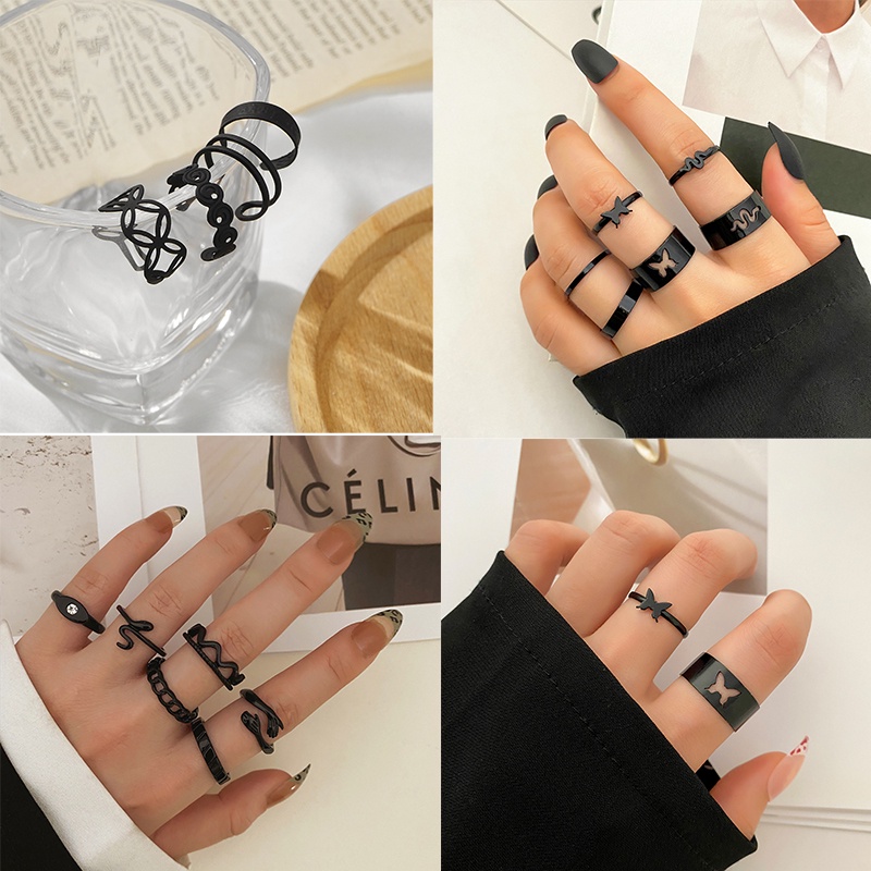 5pcs / Set Cincin Jari Desain Daun Pentagram Rantai Ular Bahan Logam Warna Hitam Untuk Hadiah