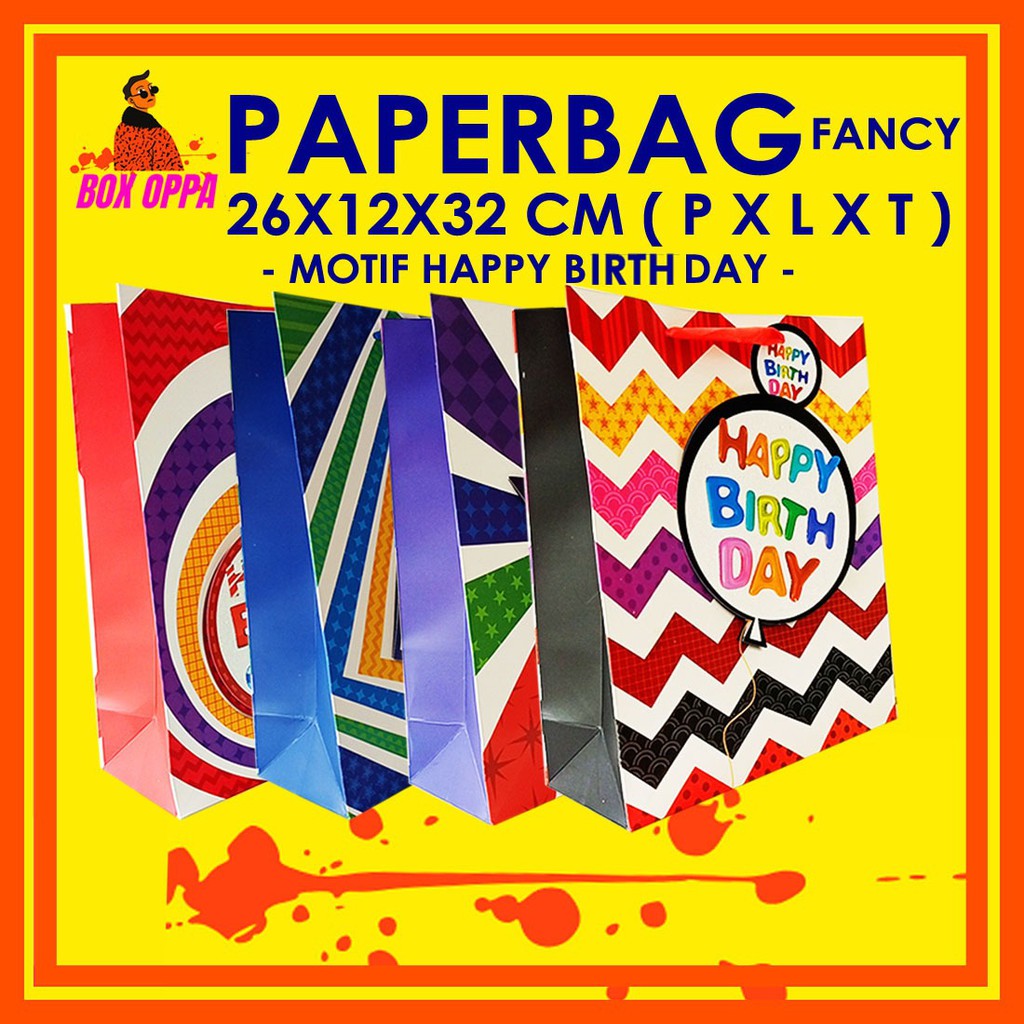 

Paperbag Kantong kertas 3D Aneka motif BIRTHDAY 26x10x32cm TEBAL import untuk kado