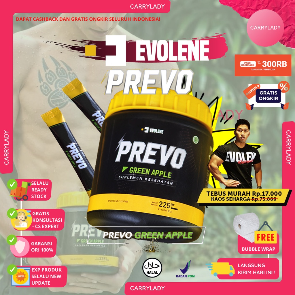 PREVO 1 BOTOL ISI 45 / CREVOLENE CREATINE PRE WORKOUT RASA GREEN APPLE BPOM HALAL EVOLENE