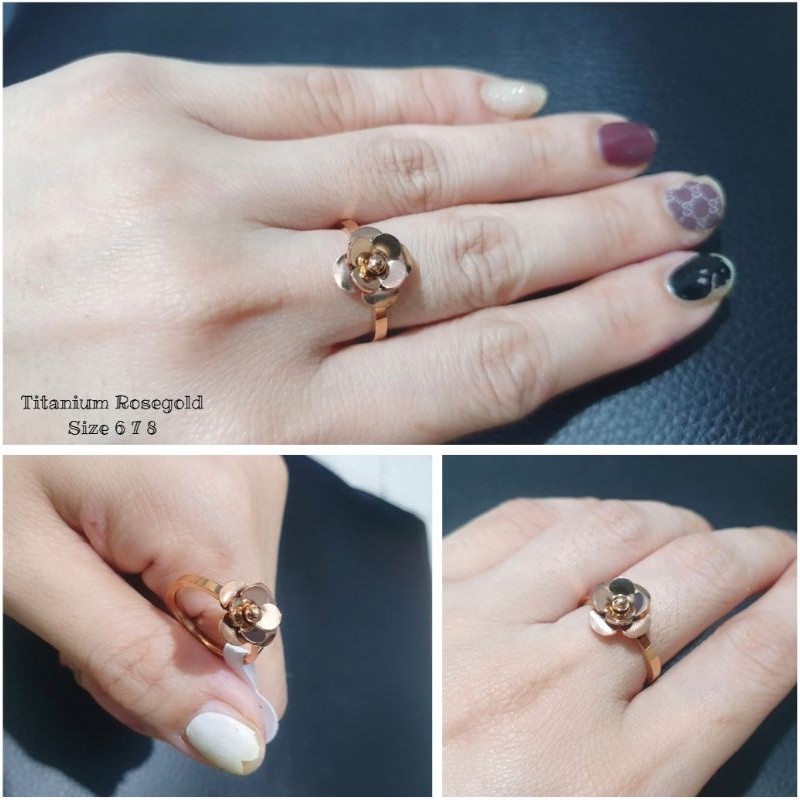 Cincin Titanium asli Rosegold Premium Quality motif bunga anti karat Ring Stainless steel rh09