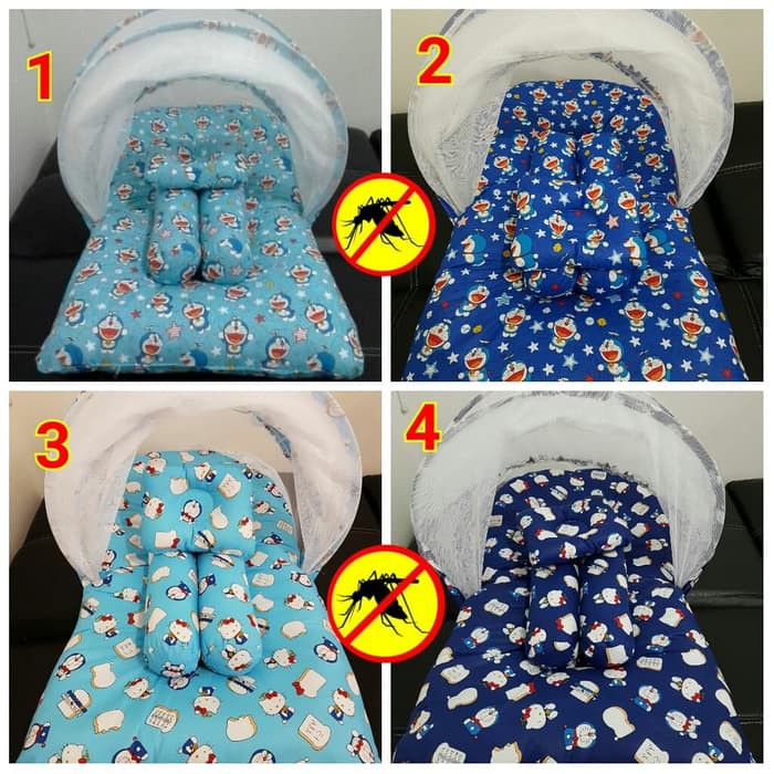 1 set kasur bayi, bantal guling dan kelambu doraemon