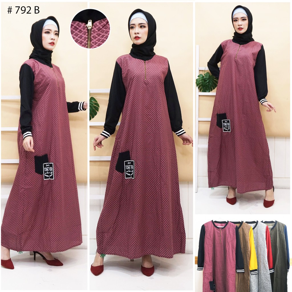 JakartaFashion - gamis katun motif sleting depan busui bahan adem kantong long dress edisi lebaran