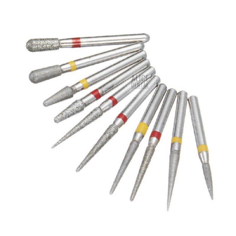 Dental diamond bur set pita merah kuning bentuk pear pir fissure fisur highspeed high speed bur gigi