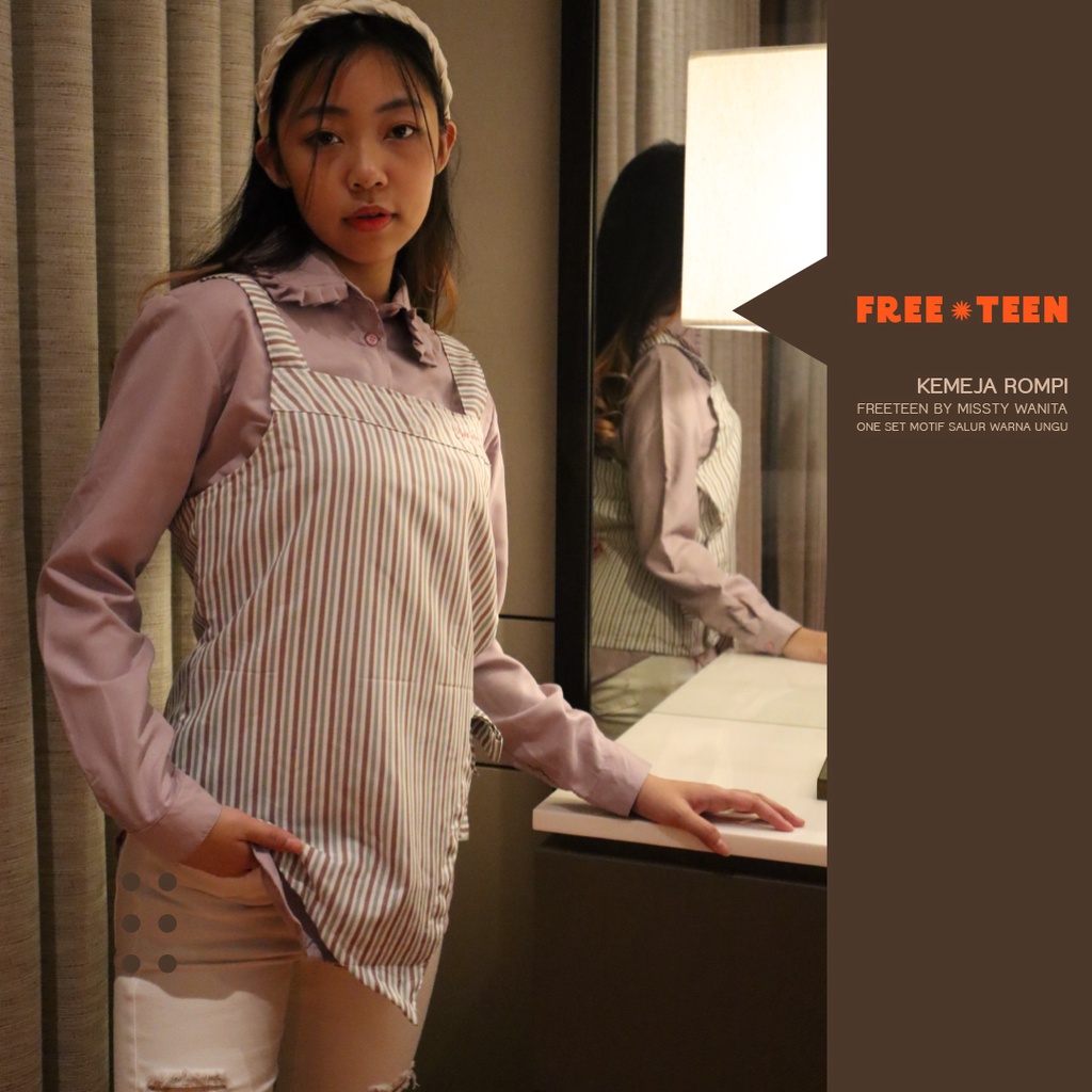 Kemeja Rompi Freeteen by Missty Wanita One Set Motif Salur Warna Ungu (Kalmia 163)