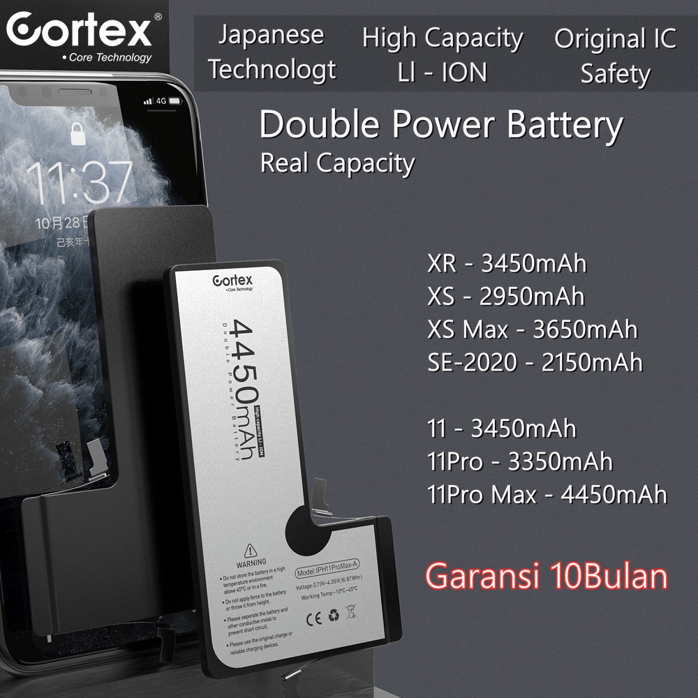 Cortex  - Double Power Baterai - Battery High Capacity - Batre  - Batrai XR/XS/XSMAX/SE2020/11/11Pro/11ProMax/12Mini/12/12Pro/12Promax