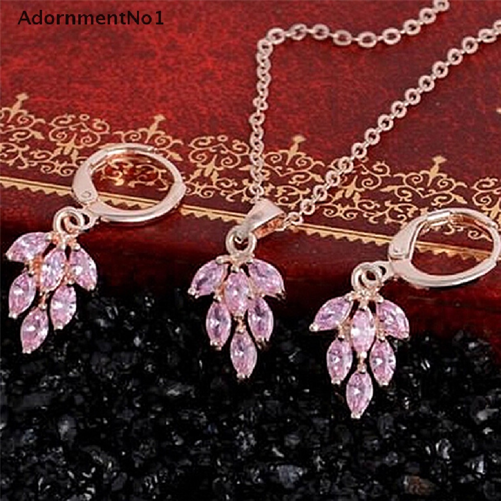 (AdornmentNo1) Set Anting Tusuk + Kalung Rantai Liontin Daun Lapis Emas Hias Berlian Imitasi Untuk Wanita