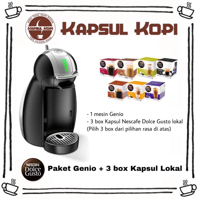 

Paket Genio Nescafe Dolce Gusto BONUS 3 box Kapsul Kopi Lokal