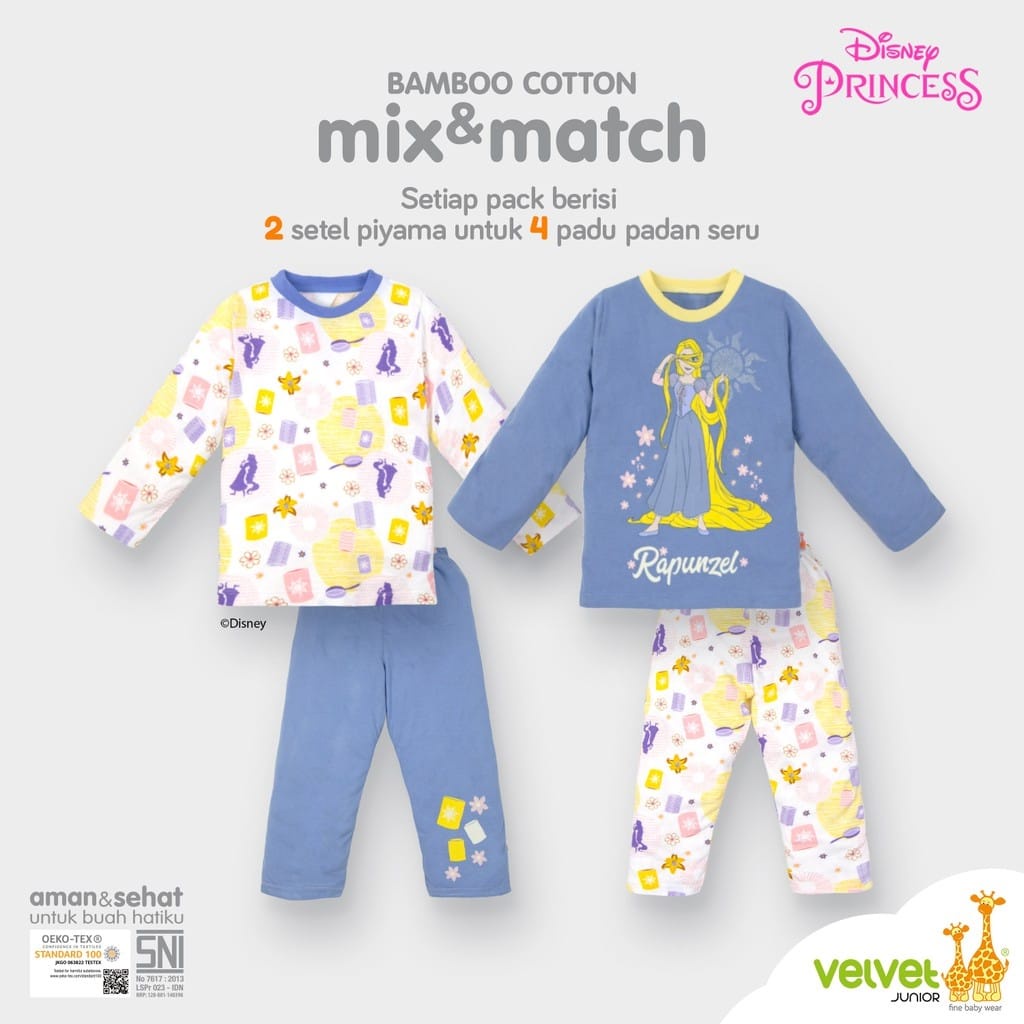 Velvet Junior Bamboo Cotton Mix&amp;Match stelan Panjang (Per 2 pcs) - Girl Series Rapunzel