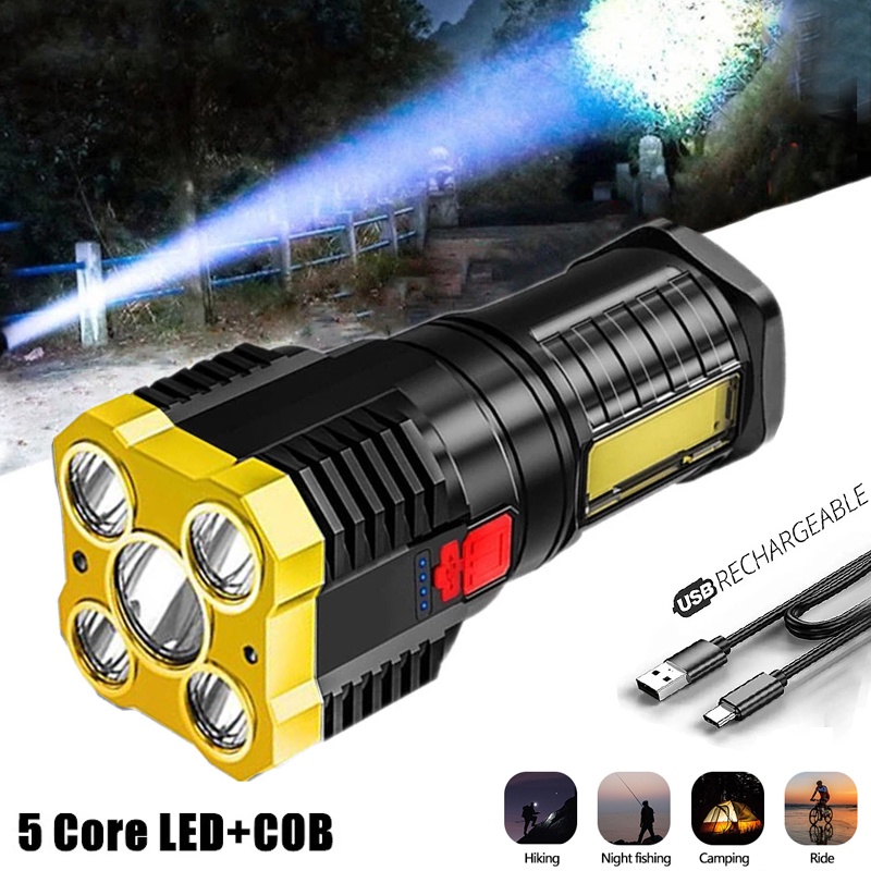 Lampu Senter 5 LED COB Super Terang Multifungsi Anti Air USB Rechargeable Untuk Outdoor