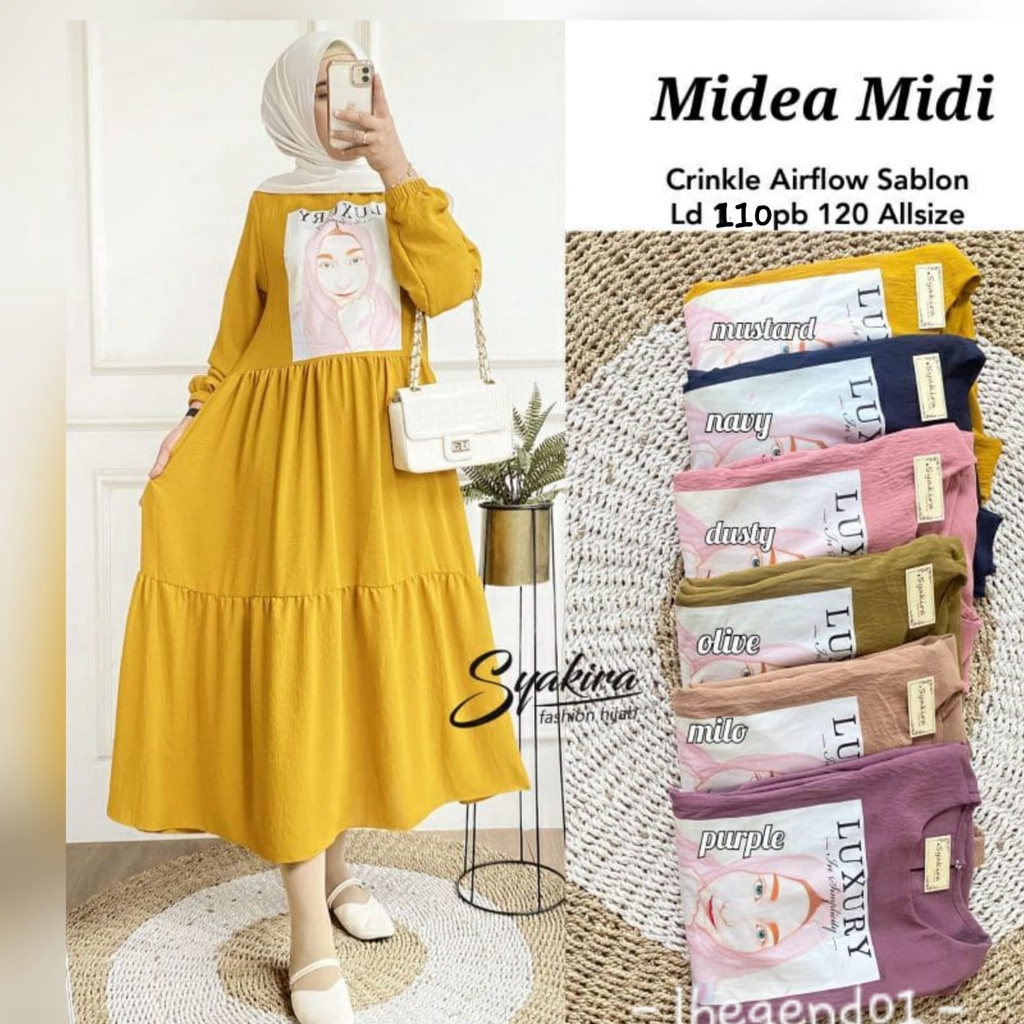 MIDEA MIDI DRESS WANITA CRINKLE AIRFLOW SABLON PRINTING