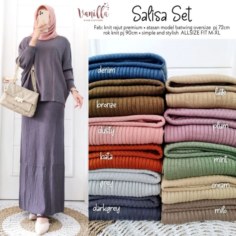 salisa set setelan rajut atasanodel Batwing rok knit ORI vanilla
