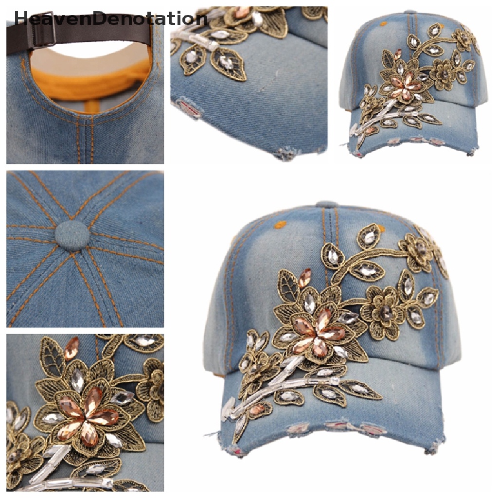 Topi Baseball Adjustable Bahan Denim Aksen Kristal Berlian Imitasi Untuk Pria Dan Wanita