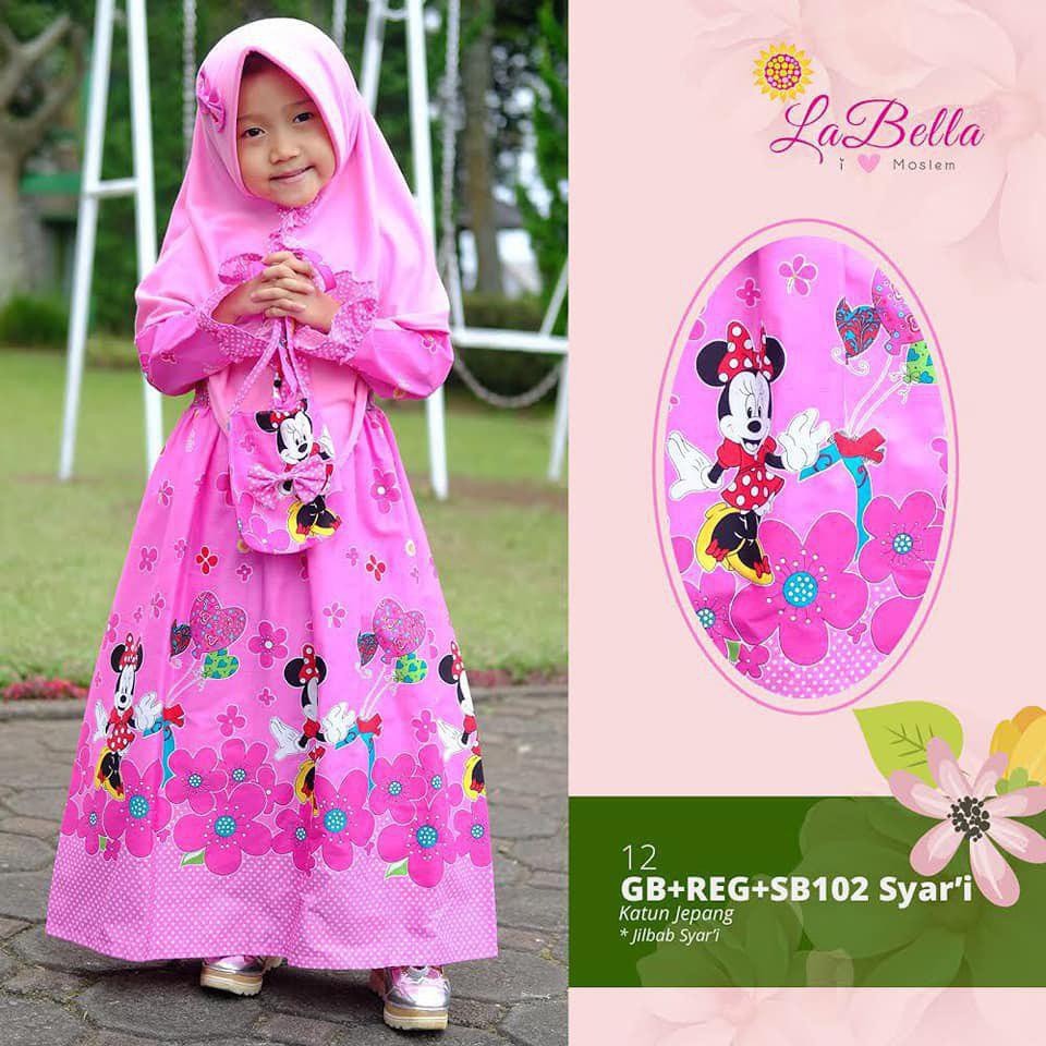 Gamis baby dan anak Printing Labella katun jepang Mickey mouse warna hot pink