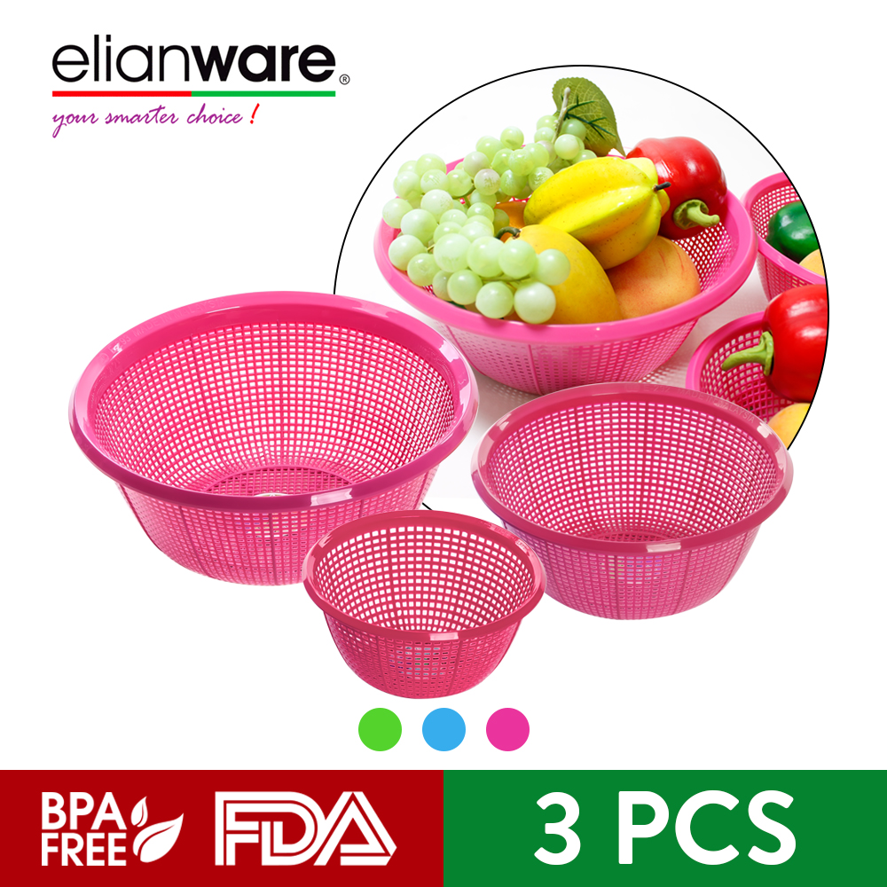 Elianware BPA Free Multipurpose Kitchen Fruit Vegetable Strainer Keranjang - Round (3 Pcs)