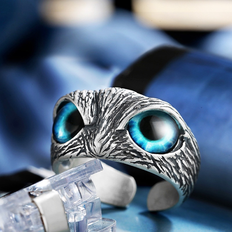 Cincin Model Terbuka Desain Burung Hantu Mata Biru Adjustable Gaya Punk Vintage Untuk Pria Dan Wanita