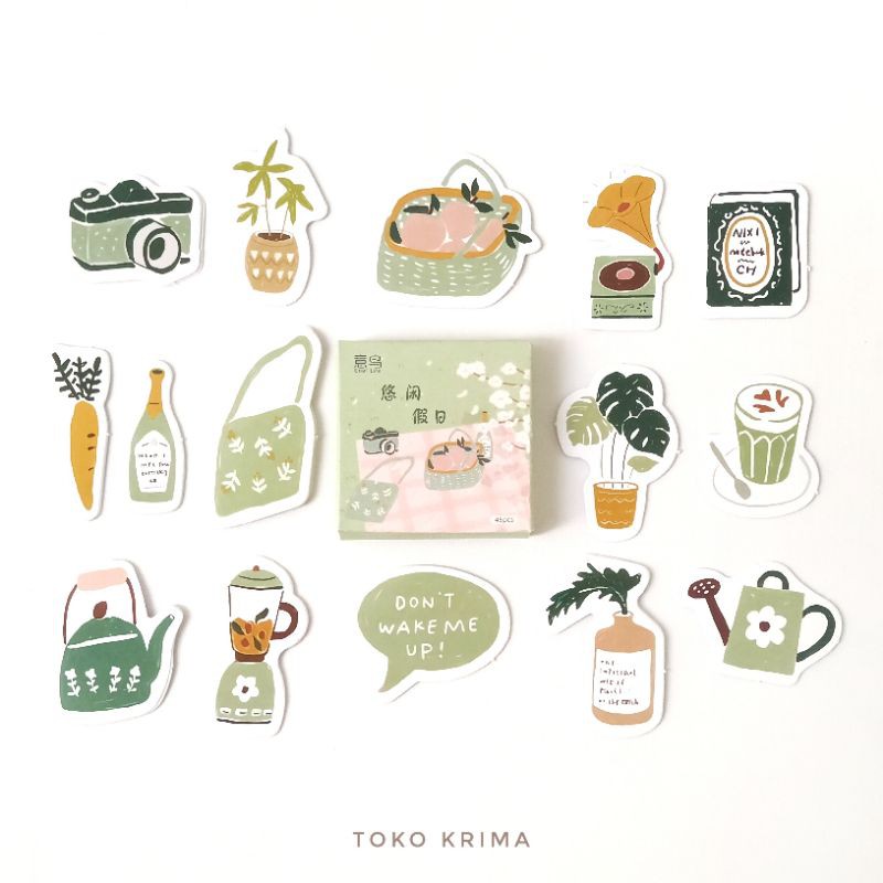 Set Stiker Sticker Aesthetic Box Mini Isi 42-45 pcs Tema Piknik Hijau Untuk Deco Jurnal Diary