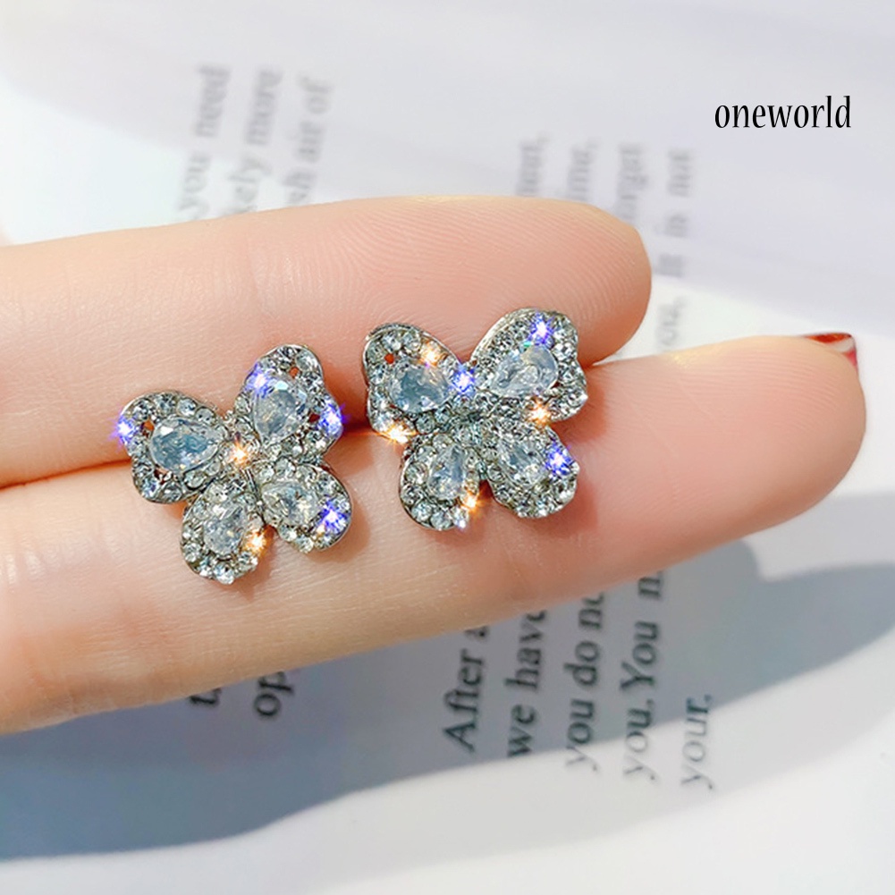 OW@ Elegant Women Full Rhinestone Inlaid Butterfly Shape Stud Earrings Jewelry Gift