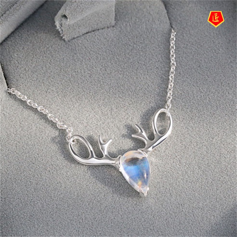 [Ready Stock]Korean Style Simple Moonstone Elk Necklace Women 925 Silver Niche