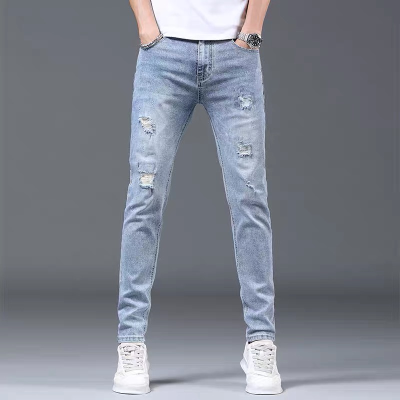 Celana Jeans Pria SLIM FIT STANDAR STRETCH SOBEK Korean Style Biru Muda Original Cowok Pensil Denim Skinny Laki Laki Dewasa Big Size