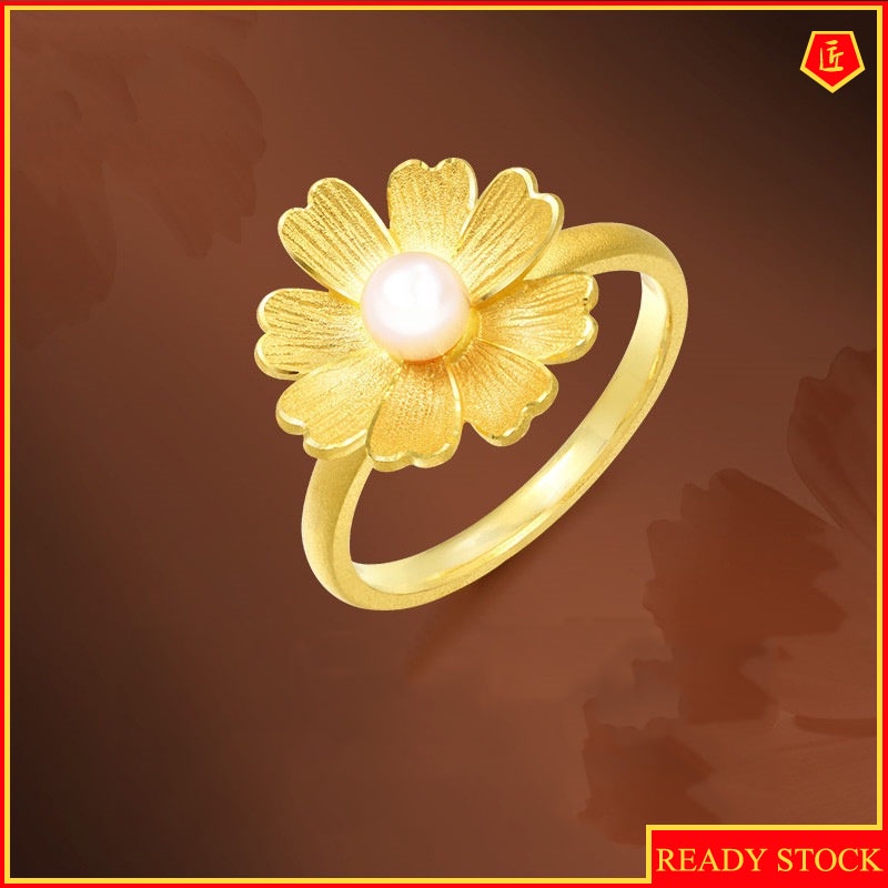 [Ready Stock]3D Gold Galsang Flower Vintage Pearl Ring