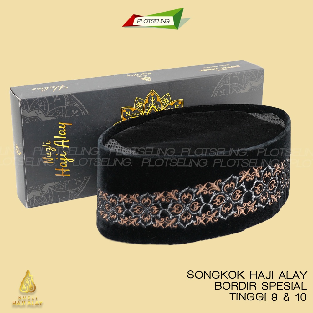 Songkok Premium HAJI ALAY BORDIR SPESIAL AC Tinggi 9 Peci Sholat Pria Dewasa Hitam Full Motif Batik NU Kopiah Shalat Anak Santri Laki Kopyah Solat Pesantren Nasional Beludru Ukuran Jumbo Kopeah Bulat Bludru Putih Pendek Karakter Nama Ori Original