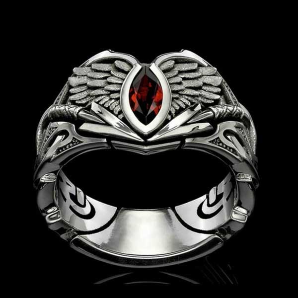 Cincin 925 Silver Desain Sayap Malaikat Aksen Kristal Zircon Merah Bahan Titanium Steel Gaya Punk Untuk Unisex