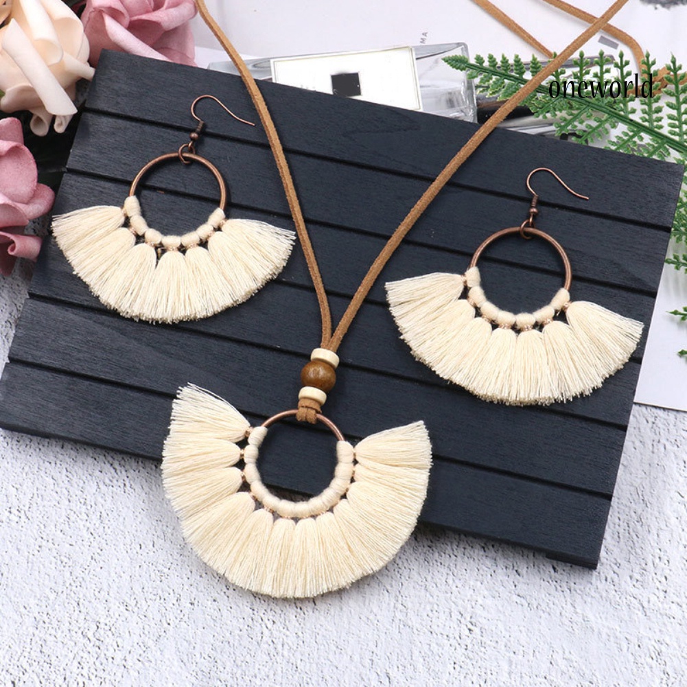 OW@ Bohemian Women Round Pendant Fringe Tassel Rope Necklace Earrings Jewelry Set