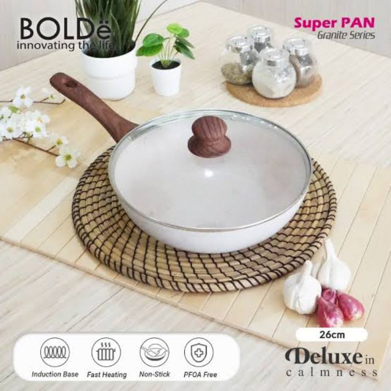 Super PAN WOK ( WAJAN ) 26 cm + GLASS LID Granite Beige Series Original BOLDe